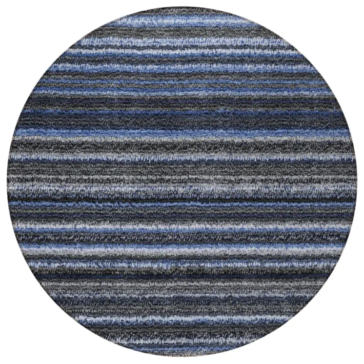 8' Denim Blue And Gray Round Striped Washable Indoor Outdoor Area Rug
