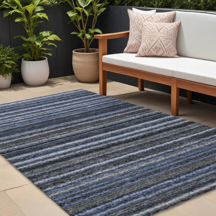 8' X 10' Denim Blue And Gray Striped Washable Indoor Outdoor Area Rug
