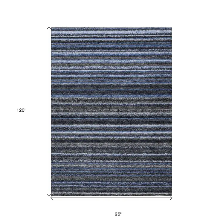 8' X 10' Denim Blue And Gray Striped Washable Indoor Outdoor Area Rug