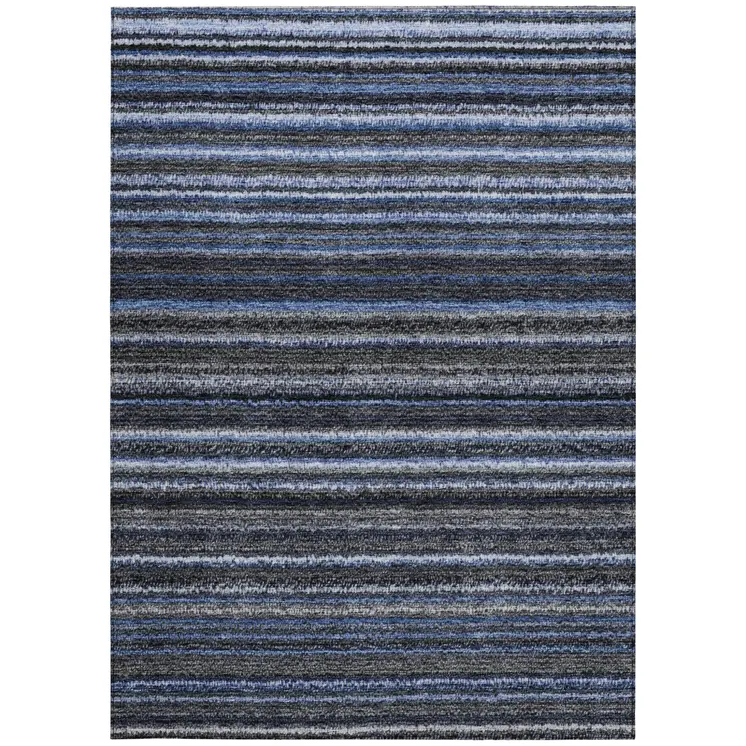 9' X 12' Denim Blue And Gray Striped Washable Indoor Outdoor Area Rug