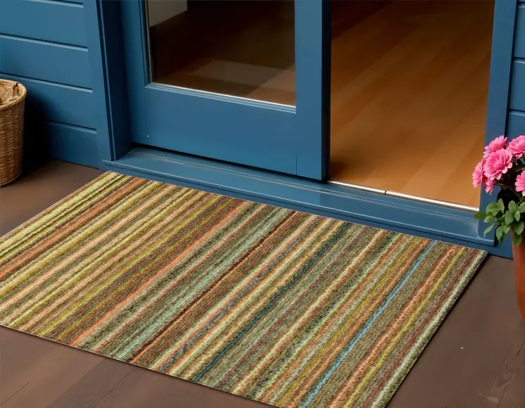 3' X 5' Coral Gold And Green Striped Washable Indoor Outdoor Area Rug