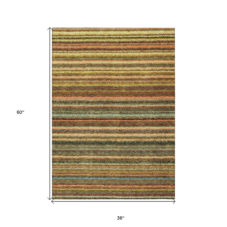 3' X 5' Coral Gold And Green Striped Washable Indoor Outdoor Area Rug