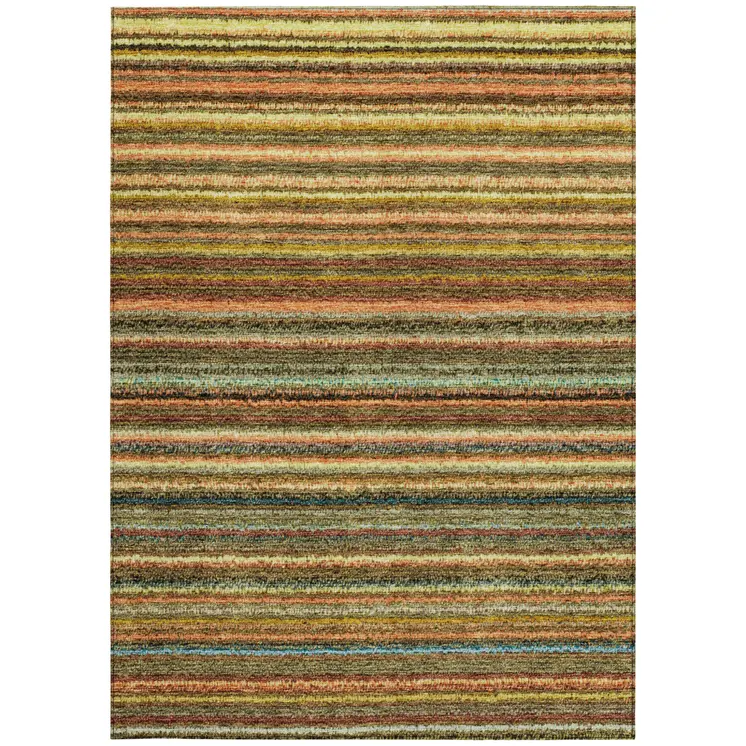 10' X 14' Coral Gold And Green Striped Washable Indoor Outdoor Area Rug
