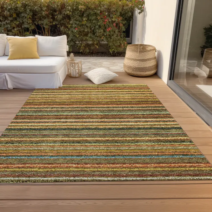 10' X 14' Coral Gold And Green Striped Washable Indoor Outdoor Area Rug