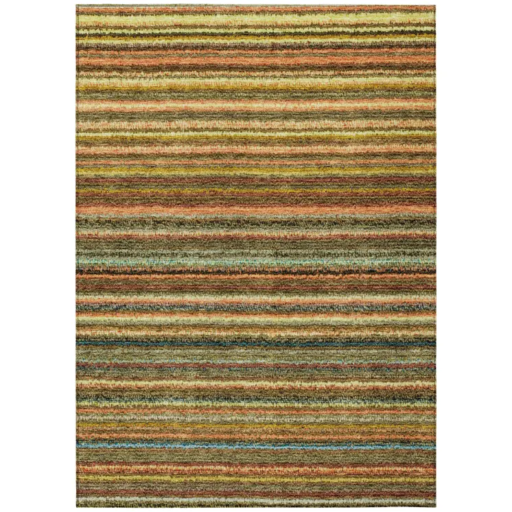 10' X 14' Coral Gold And Green Striped Washable Indoor Outdoor Area Rug