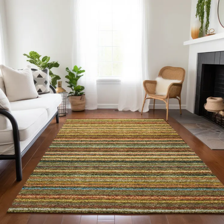 10' X 14' Coral Gold And Green Striped Washable Indoor Outdoor Area Rug