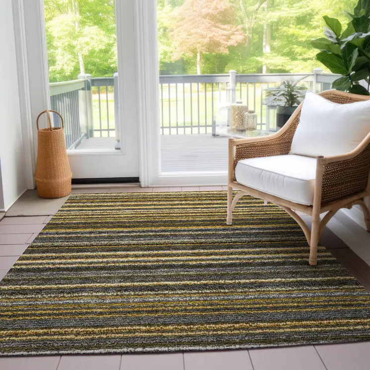 3' X 5' Gold Beige And Wheat Striped Washable Indoor Outdoor Area Rug