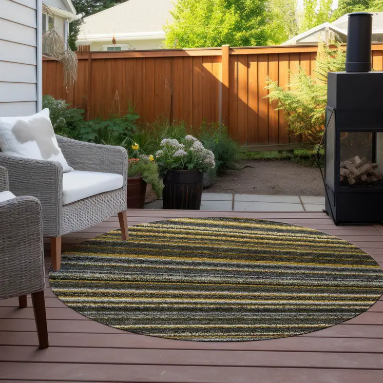 8' Gold Beige And Wheat Round Striped Washable Indoor Outdoor Area Rug