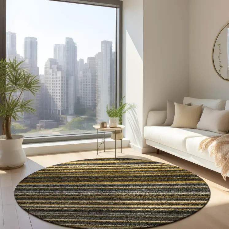 8' Gold Beige And Wheat Round Striped Washable Indoor Outdoor Area Rug