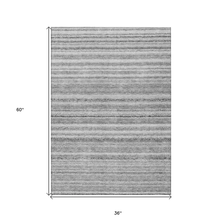 3' X 5' Gray Silver And Charcoal Striped Washable Indoor Outdoor Area Rug