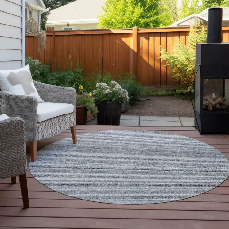 8' Gray Silver And Charcoal Round Striped Washable Indoor Outdoor Area Rug