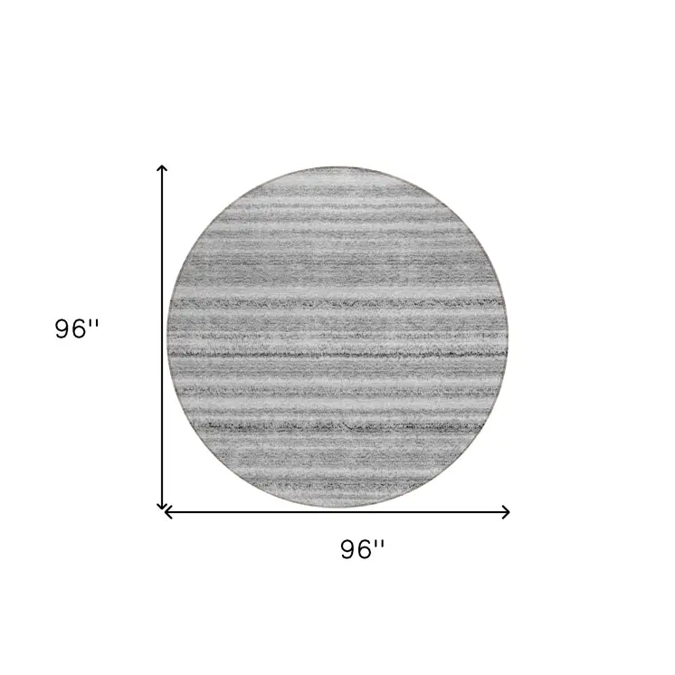 8' Gray Silver And Charcoal Round Striped Washable Indoor Outdoor Area Rug