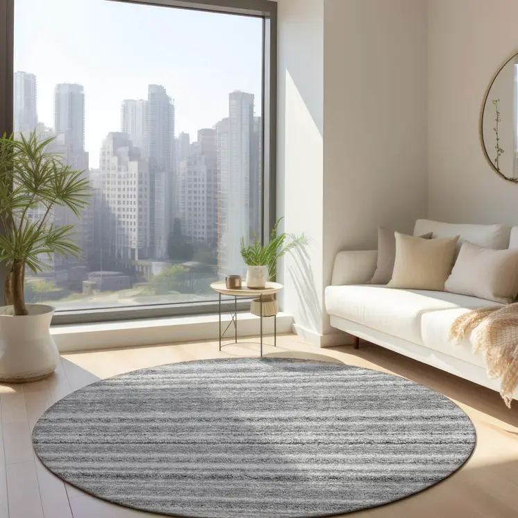 8' Gray Silver And Charcoal Round Striped Washable Indoor Outdoor Area Rug