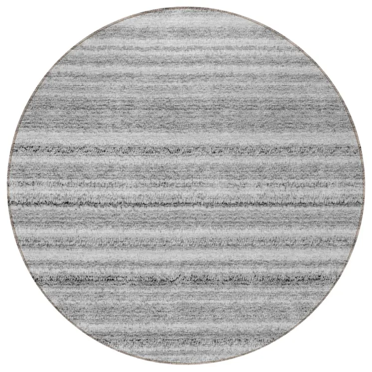 8' Gray Silver And Charcoal Round Striped Washable Indoor Outdoor Area Rug