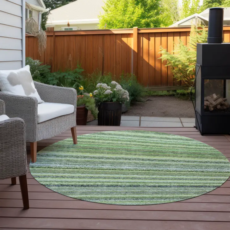 8' Artichoke Green And Olive Green Round Striped Washable Indoor Outdoor Area Rug