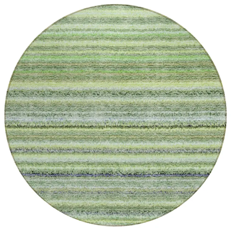 8' Artichoke Green And Olive Green Round Striped Washable Indoor Outdoor Area Rug