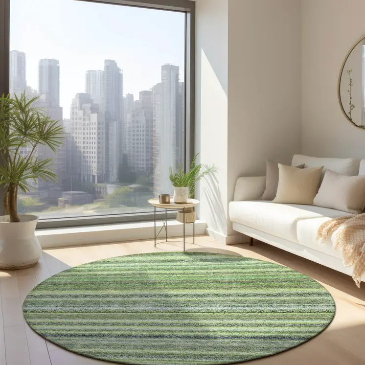 8' Artichoke Green And Olive Green Round Striped Washable Indoor Outdoor Area Rug