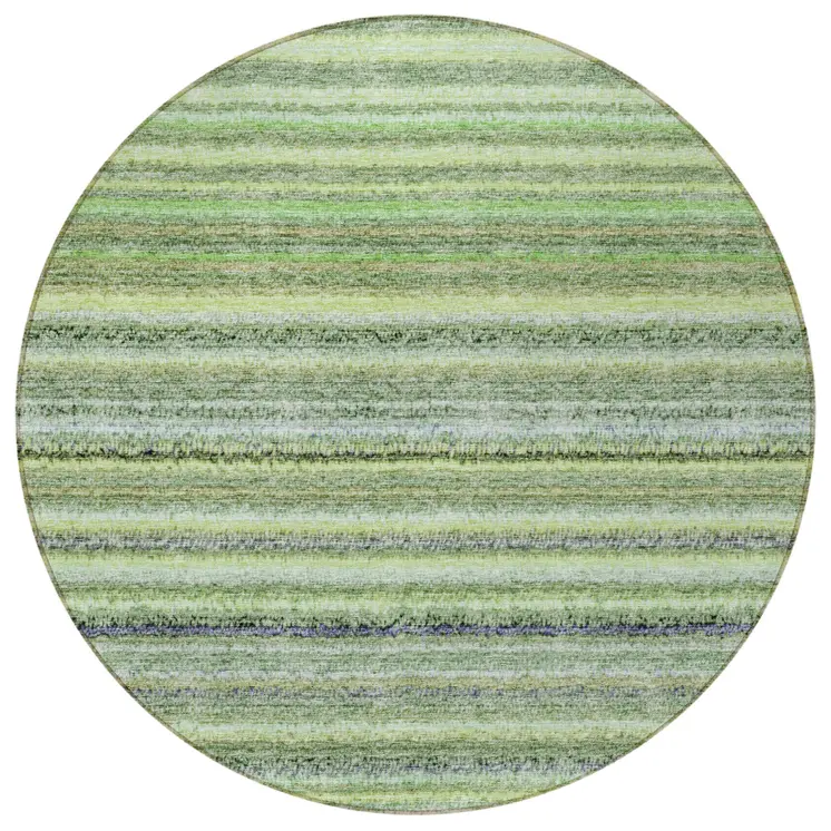 8' Artichoke Green And Olive Green Round Striped Washable Indoor Outdoor Area Rug