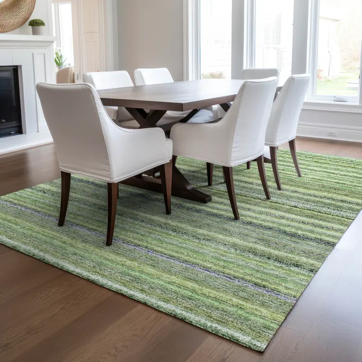 9' X 12' Artichoke Green And Olive Green Striped Washable Indoor Outdoor Area Rug