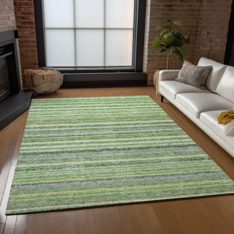 9' X 12' Artichoke Green And Olive Green Striped Washable Indoor Outdoor Area Rug