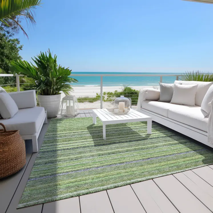 9' X 12' Artichoke Green And Olive Green Striped Washable Indoor Outdoor Area Rug