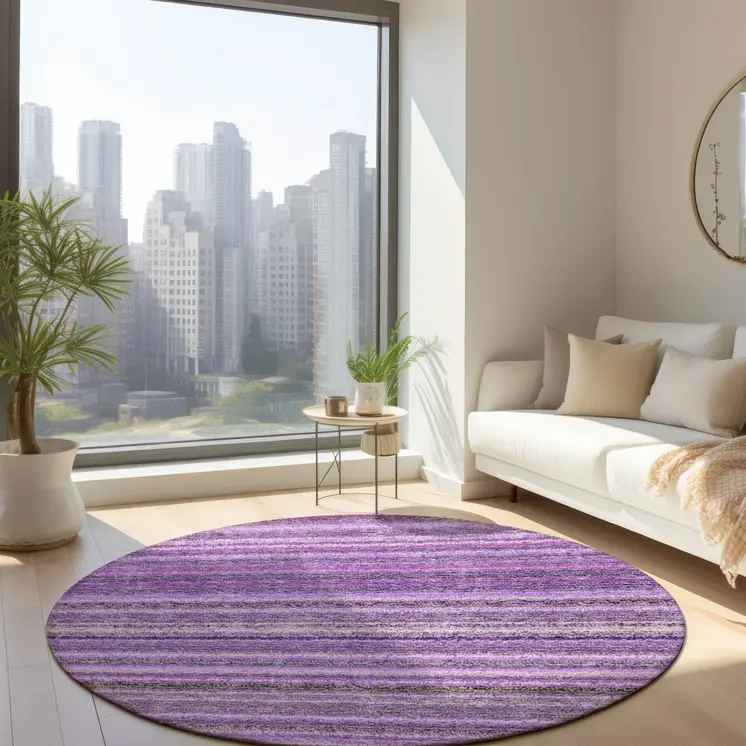 8' Purple Eggplant And Lilac Round Striped Washable Indoor Outdoor Area Rug