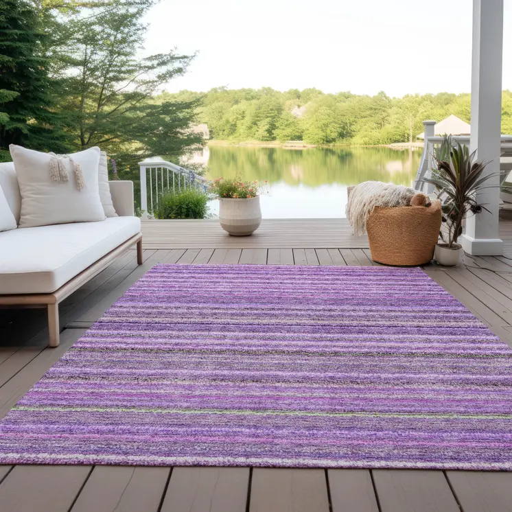 8' X 10' Purple Eggplant And Lilac Striped Washable Indoor Outdoor Area Rug