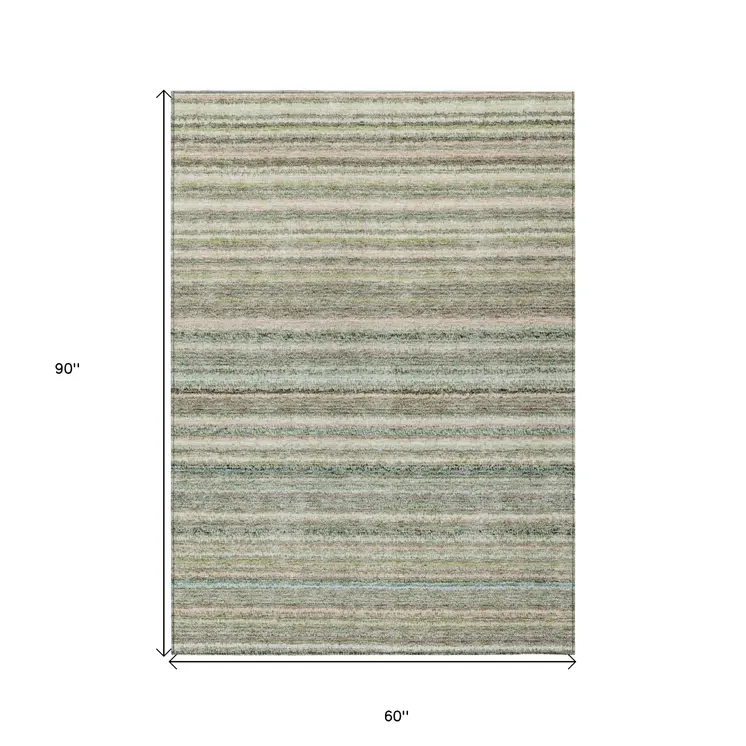 5' X 8' Sage Mint Green And Beige Striped Washable Indoor Outdoor Area Rug