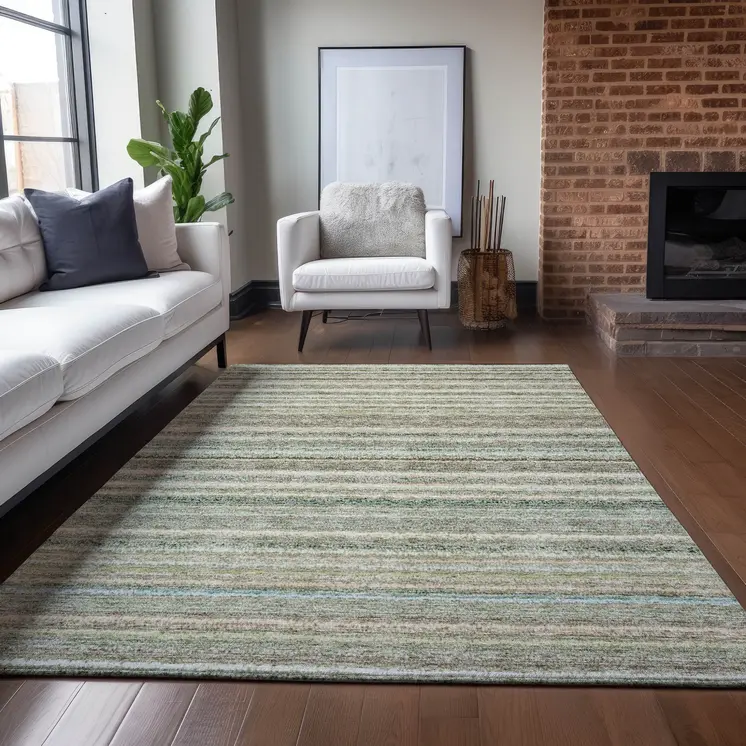 5' X 8' Sage Mint Green And Beige Striped Washable Indoor Outdoor Area Rug