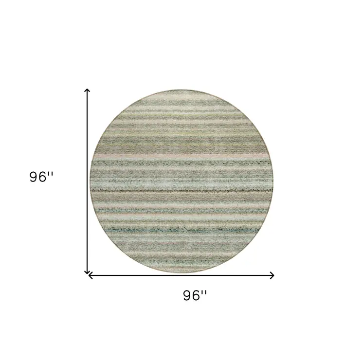 8' Sage Mint Green And Beige Round Striped Washable Indoor Outdoor Area Rug