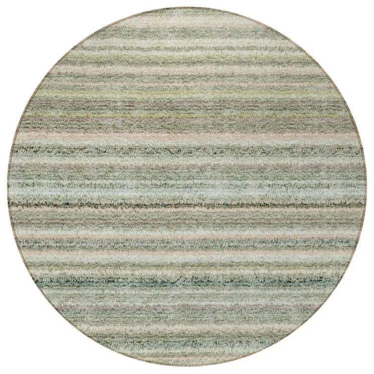 8' Sage Mint Green And Beige Round Striped Washable Indoor Outdoor Area Rug