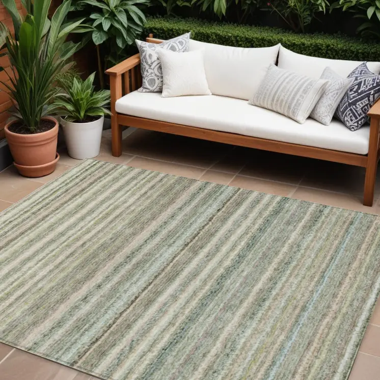 8' X 10' Sage Mint Green And Beige Striped Washable Indoor Outdoor Area Rug
