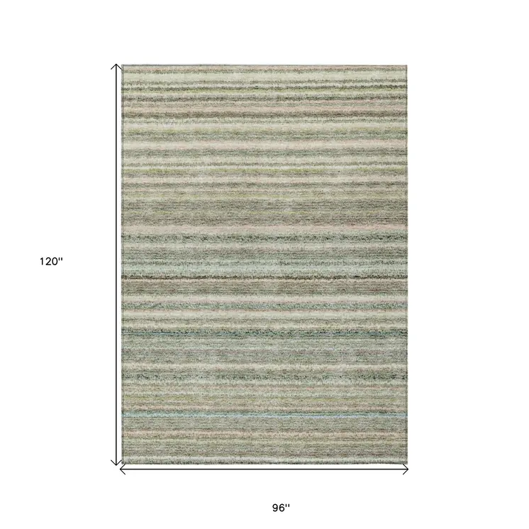 8' X 10' Sage Mint Green And Beige Striped Washable Indoor Outdoor Area Rug