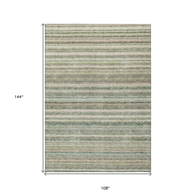9' X 12' Sage Mint Green And Beige Striped Washable Indoor Outdoor Area Rug