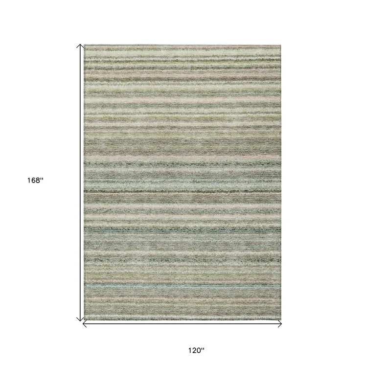 10' X 14' Sage Mint Green And Beige Striped Washable Indoor Outdoor Area Rug