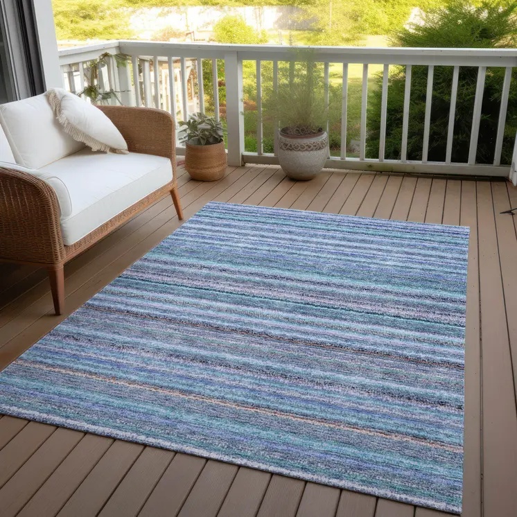 5' X 8' Sky Blue And Navy Blue Striped Washable Indoor Outdoor Area Rug