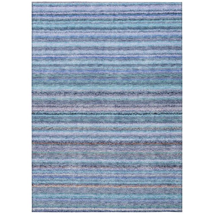 5' X 8' Sky Blue And Navy Blue Striped Washable Indoor Outdoor Area Rug