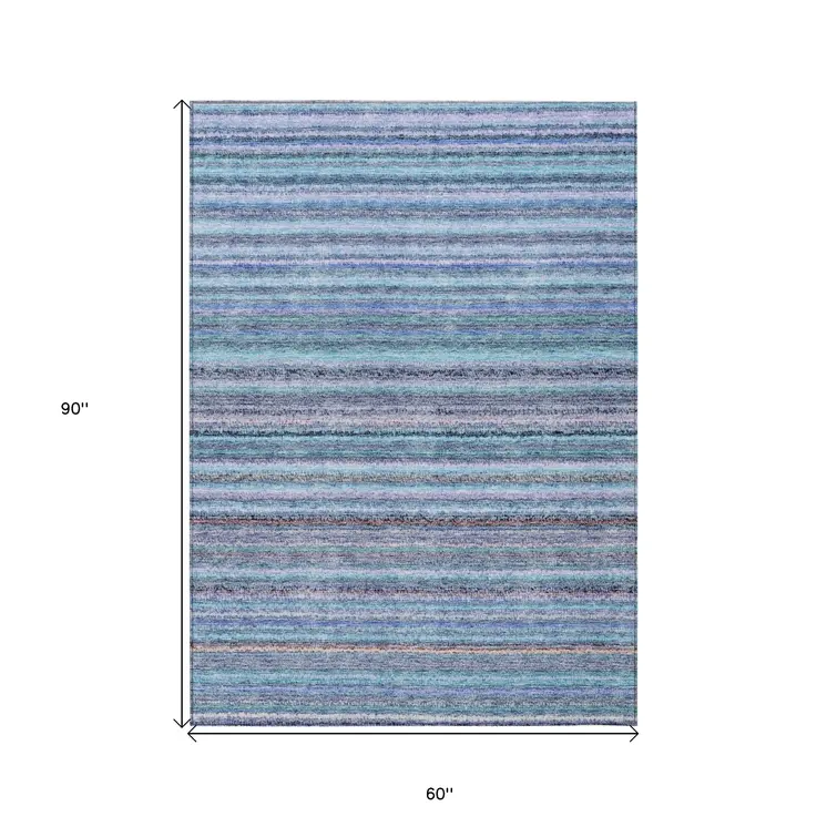 5' X 8' Sky Blue And Navy Blue Striped Washable Indoor Outdoor Area Rug