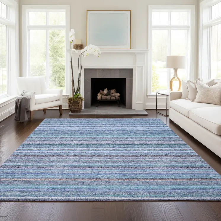 5' X 8' Sky Blue And Navy Blue Striped Washable Indoor Outdoor Area Rug