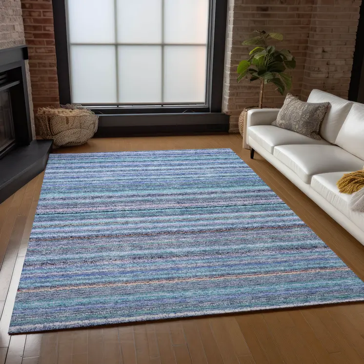 5' X 8' Sky Blue And Navy Blue Striped Washable Indoor Outdoor Area Rug