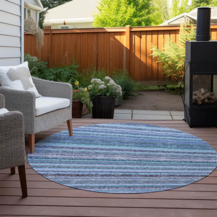 8' Sky Blue And Navy Blue Round Striped Washable Indoor Outdoor Area Rug