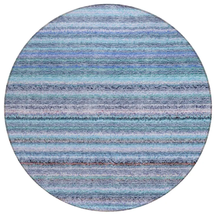 8' Sky Blue And Navy Blue Round Striped Washable Indoor Outdoor Area Rug