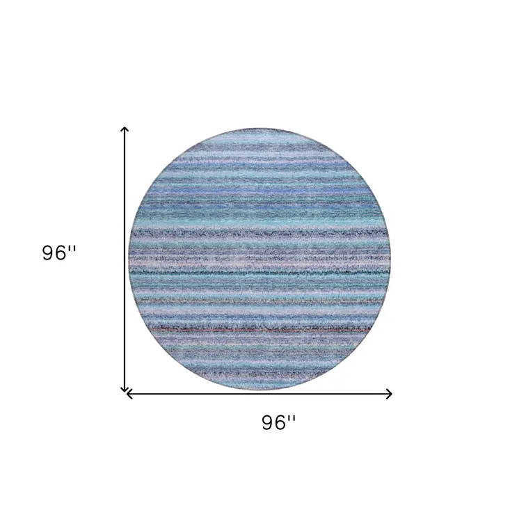 8' Sky Blue And Navy Blue Round Striped Washable Indoor Outdoor Area Rug