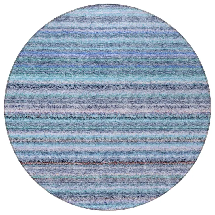 8' Sky Blue And Navy Blue Round Striped Washable Indoor Outdoor Area Rug