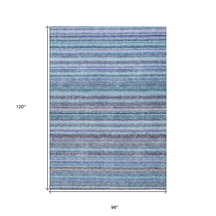 8' X 10' Sky Blue And Navy Blue Striped Washable Indoor Outdoor Area Rug