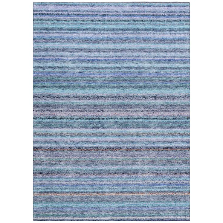 9' X 12' Sky Blue And Navy Blue Striped Washable Indoor Outdoor Area Rug