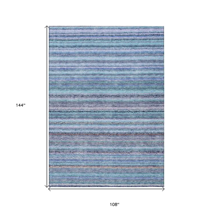 9' X 12' Sky Blue And Navy Blue Striped Washable Indoor Outdoor Area Rug