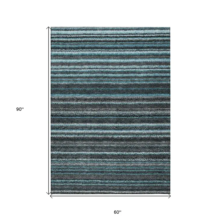 5' X 8' Teal Blue Sky Blue And Gray Striped Washable Indoor Outdoor Area Rug