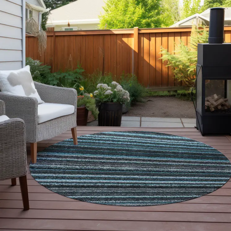 8' Teal Blue Sky Blue And Gray Round Striped Washable Indoor Outdoor Area Rug