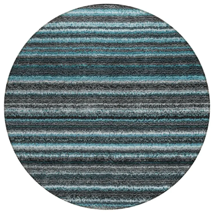 8' Teal Blue Sky Blue And Gray Round Striped Washable Indoor Outdoor Area Rug